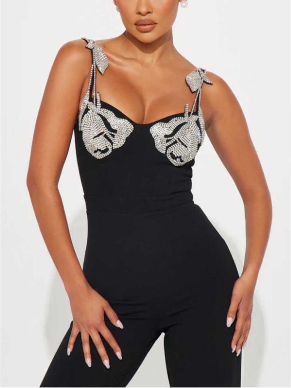 Black Embellished JUMPSUIT Crystal Rose Appliqué RHINESTONE NEW WITH TAG M